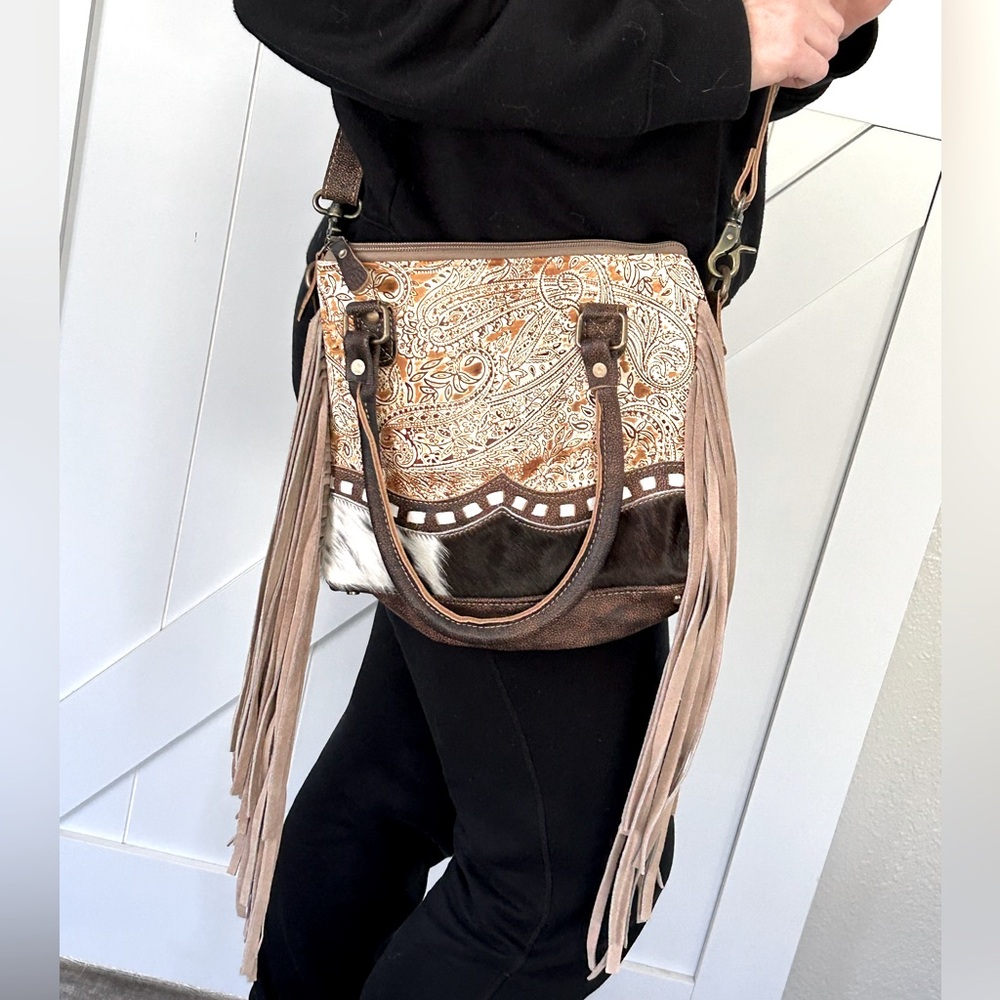 Handcrafted Myra fringe crossbody bag.
